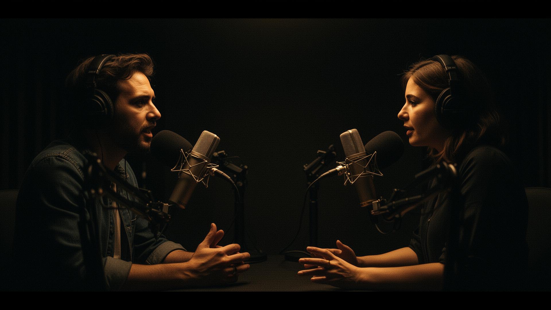 Two podcast hosts in an authentic conversation in a dimly lit studio